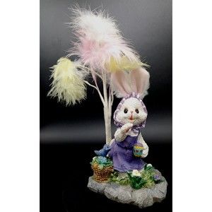 Easter Bunny Rabbit Figurine Feather Tree Bird Flowers Egg Bonnet Resin Felt Ear